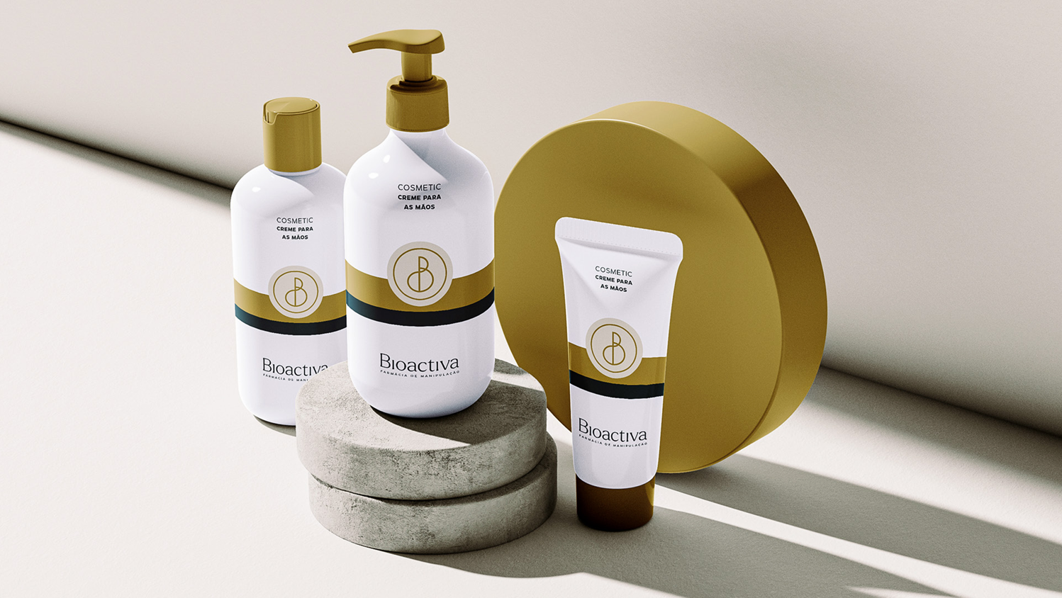 Dermatocosméticos manipulados Bioactiva com detalhes em dourado